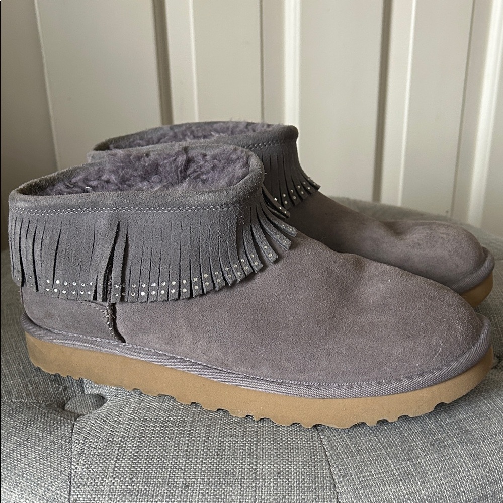 UGG Gray Suede Fringe Ankle Booties with Stud Detail